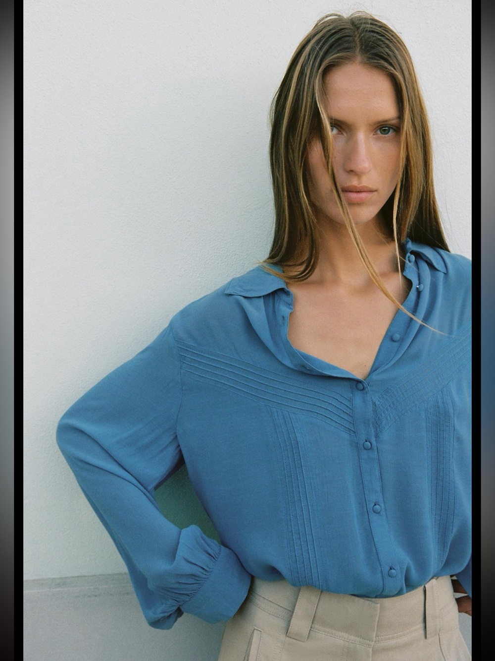 ZARA, BLUE, FLOWY PINTUCK SHIRT, MEDIUM